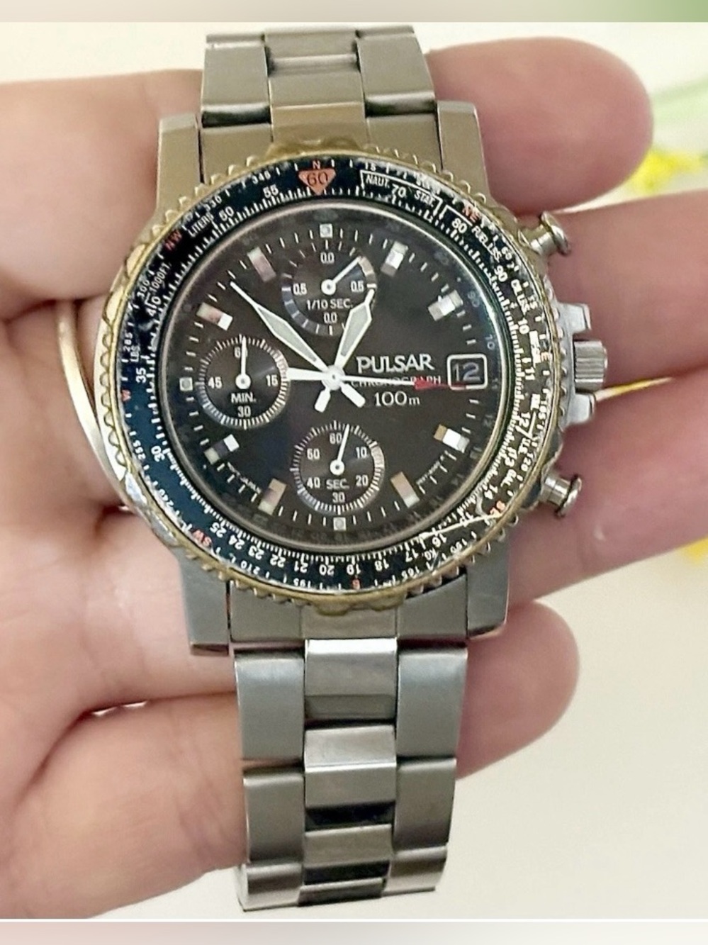 Rare Vintage PULSAR Chronograph 1980's 100M Men's Day/Date Multifunction Watch